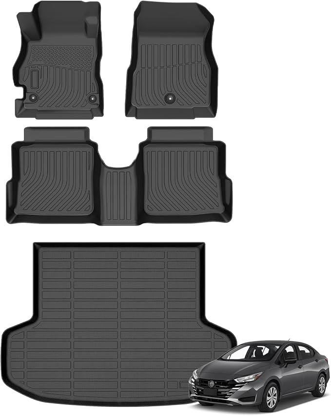Floor Mats & Cargo Liner for 2025-2020 Nissan Versa, All Weather Automotive TPE Floor Liners Set Anti-Slip Waterproof Accessories (Car Mats+Trunk Mat) Black