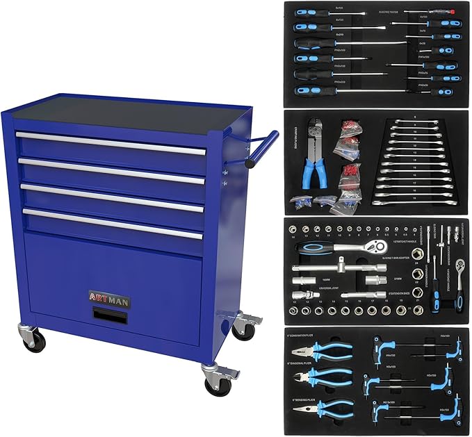 233PCS 4 Drawers Rolling Tool Box with Tool Sets, Heavy Duty Steel Garage Storage Cabinet with Lockable Wheels, Mechanic Organizer for Home, Auto, Workshop, Warehouse, Blue