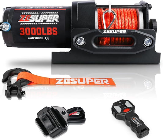 ZESUPER 3000 lb Electric Winch for ATV UTV Trailer Boat Synthetic Rope Winch 12V DC Off Road Towing Winches with Wireless Remote Mounting Bracket