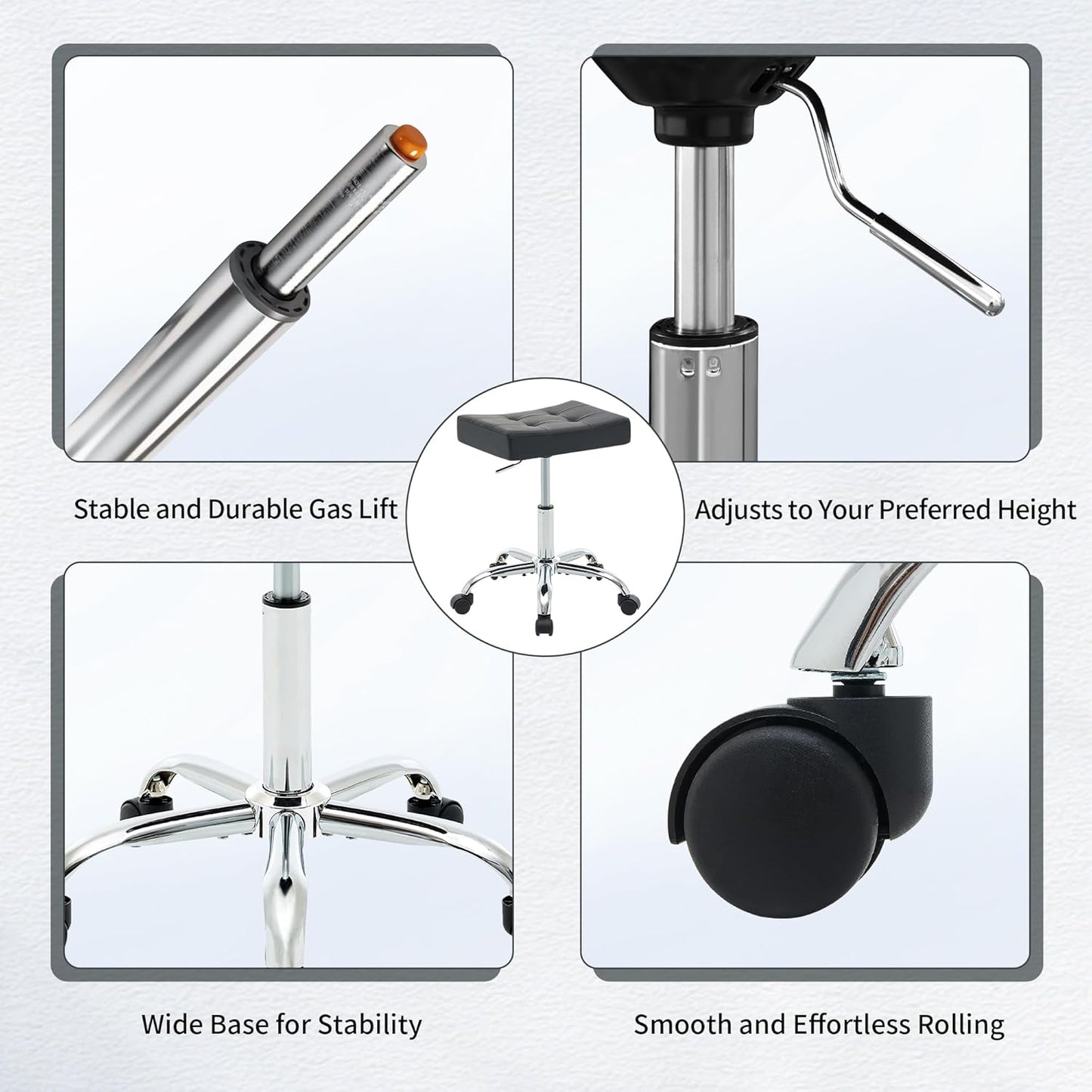 Office Stool with Wheels (300lbs Capacity) (Adjustable Height 17-21 inch) Black Faux Leather Workbench Stool (Black)