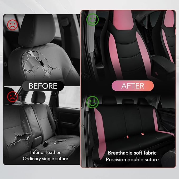 Road Comforts Car Seat Cover, Leather Seat Cover Full Set, Automotive Interior Seat Covers, Universal Fit for Most Cars, SUVs, Trucks, and Vans, Airbag Compatible (Pink)
