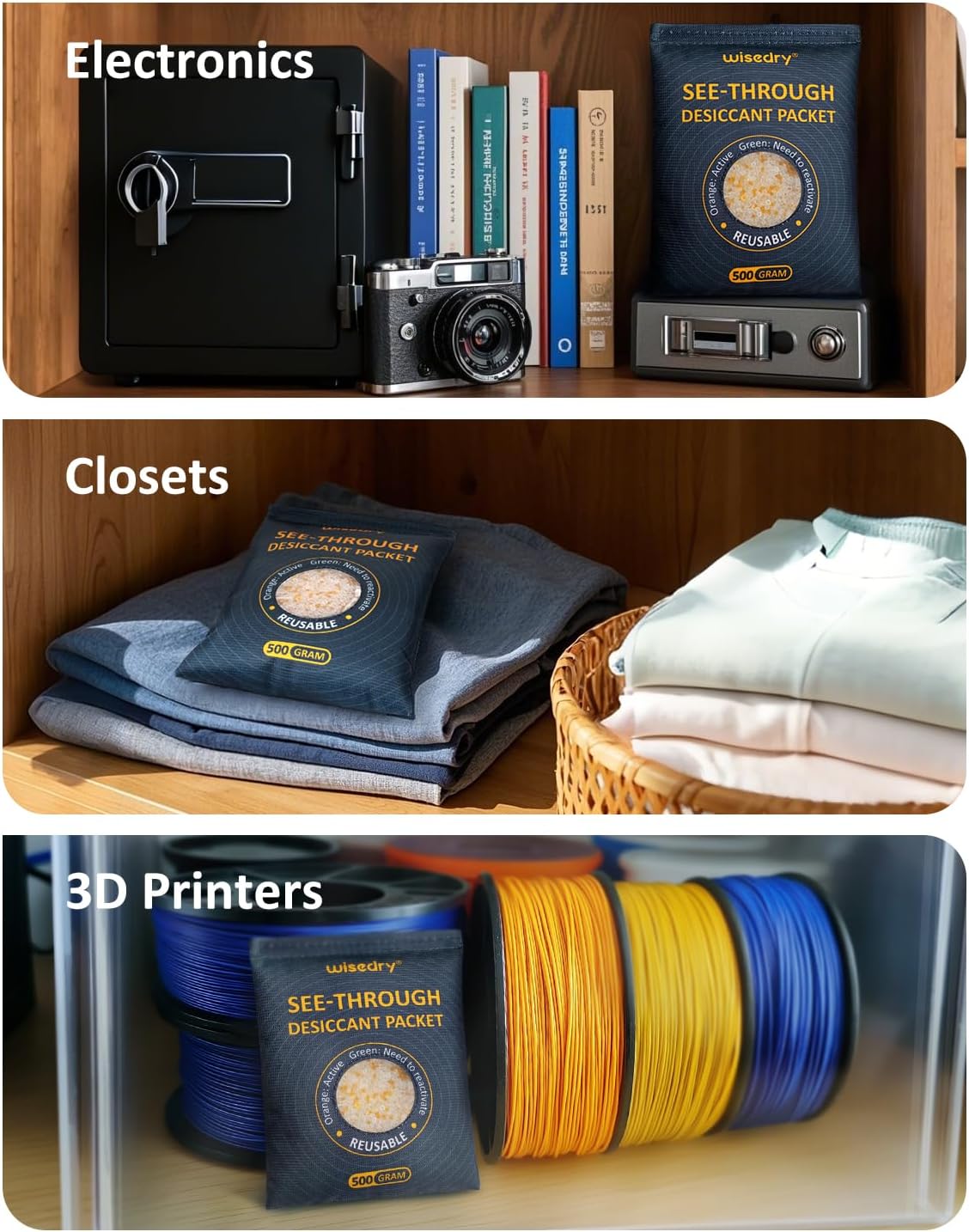 wisedry 4 x 500 Gram See-Through Silica Gel Car Dehumidifier Packets, Color-Indicating Desiccant Packs for Storage, Reusable Safe Dehumidifier, Heat Resistant Dehumidifier Bags