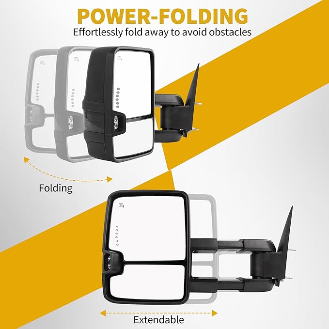 DWVO Power Heated Towing Mirrors for 2007-2014 Chevy Silverado GMC Sierra | Foldable LED Signal Lights with Manual Telescoping | Compatible with 2500HD 3500HD Heavy Duty Trucks Tahoe Suburban Denali