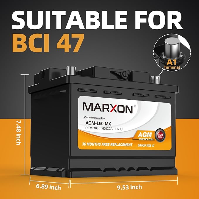 MARXON Group 47 H5 L2 Start and Stop Car Battery 12v 60AH 660CCA AGM BCI47 Maintenance Free Automotive Replacement Batteries