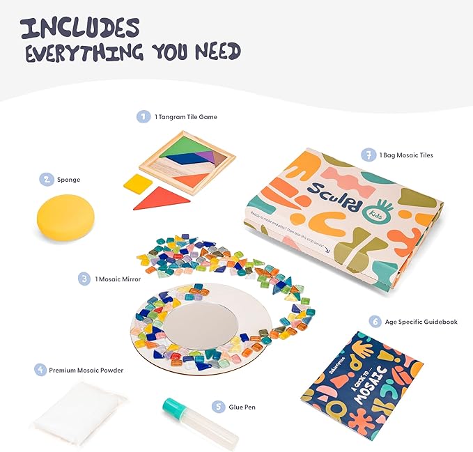 Sculpd Kids Mosaic Kit, Painting Craft Set for Kids Age 4-6, Pottery, Includes Mosaic Tiles, 1 Tangram Tile Game, 2 Bags of Plaster, Additional Crafting Supplies & 1 Mirror, Montessori Education