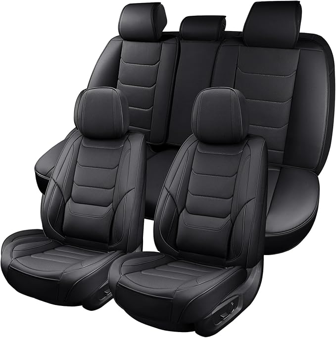 Leather Car Seat Covers Full Set Breathable Automotive Seat Covers Waterproof Seat Protectors Universal Fit for Most Automotive Cars SUV Trucks(Black, Full Set)