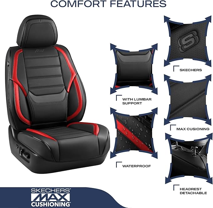 Skechers Seat Covers,Memory Foam Leather Car Seat Covers,Waterproof Car Seat Protector Full Sets,Car Seat Cushion Airbag Automotive Universal Fit for Most Cars,Vans,Trucks,SUV,Red