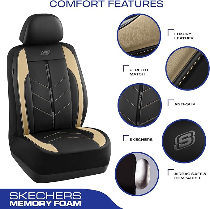 Skechers Car Seat Covers,Luxury Faux Leather Seat Covers,Waterproof Anti Slip Car Seat ProtectorFull Set,Car Accessories Airbag Universal Fit for Most Cars,Vans,Trucks,SUV,Beige