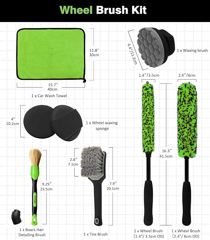 YeewayVeh 8PCS Wheel Brush Kit, Bendable Wheel Rim Cleaner Brush for All Wheel Spokes, Wheel Cleaning Brush Kit with Tire Brush, Rim Brush, Car Detailing Brush and Tire Shine Applicator, Green