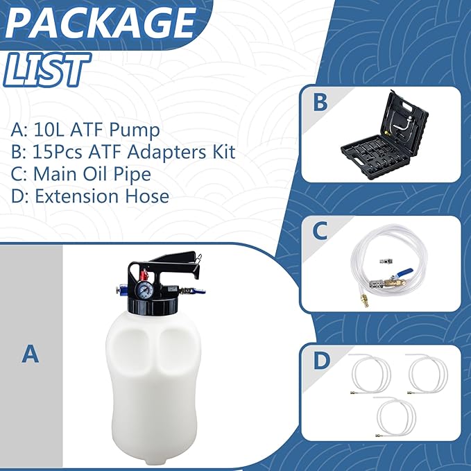 10L Pneumatic Fluid Extractor Dispenser Set Transmission Fluid Pump with 15pcs ATF Adapters ATF Refill Tool Kit Automotive Pneumatic Oil Extractor