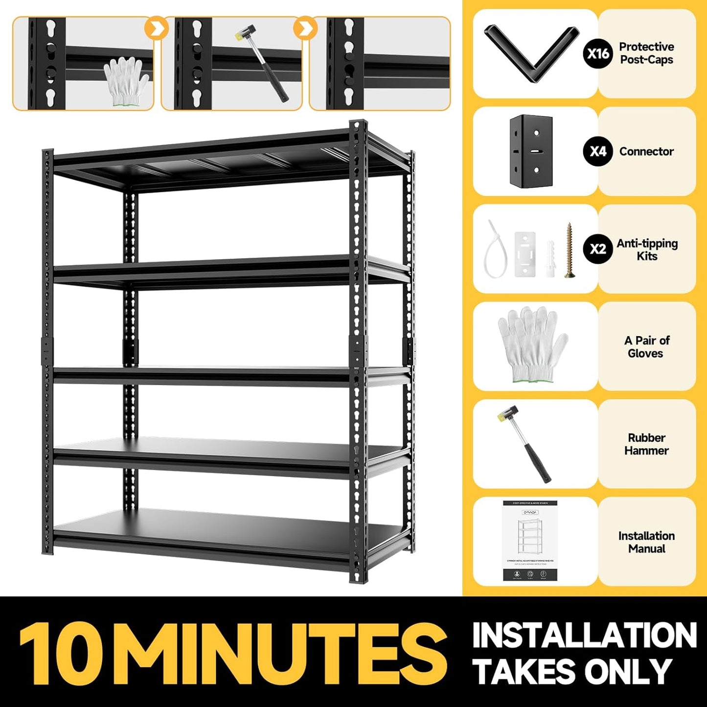 5-Tier 40" W X 20" D X 72" H Storage Shelves 2800LBS Metal Garage Shelving Adjustable Heavy Duty Shelving Basement Industrial Garage Shelf Rack(Black)
