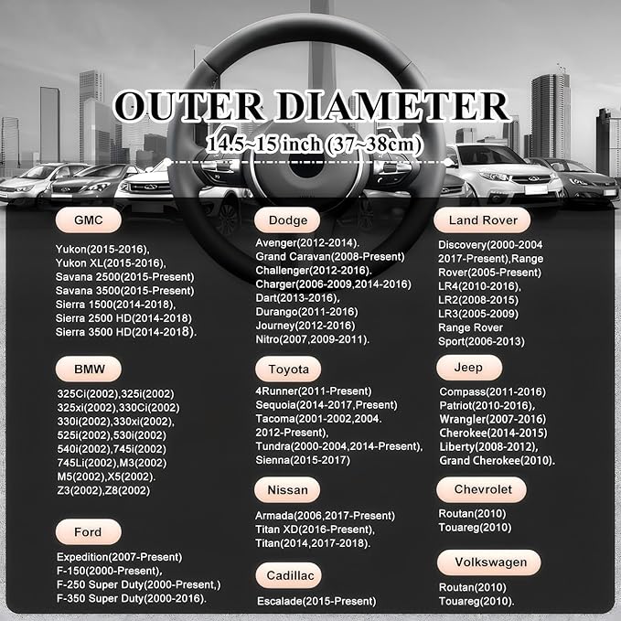 Black Leather Steering Wheel Cover, Stitch On Wrap, Breathable Cowhide Car Steering Wheel Cover, Standard Size 15 Inch (Type C)