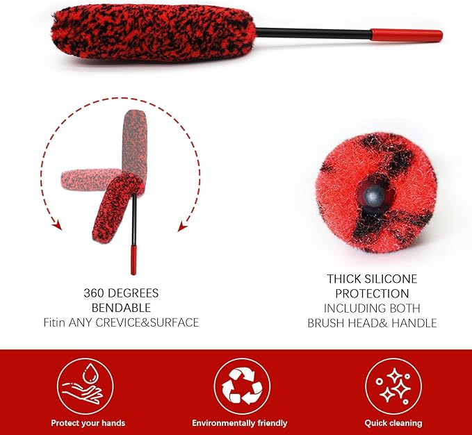 Wheel Brush Kit for Cleaning Wheel and Tire, 2 Soft Bendable Wheel Woolies Cleaning Brush, Stiff Tire Brush, Detailing Brush, Flexible&Durable Wheel Rim Cleaner Brush Set (Red)