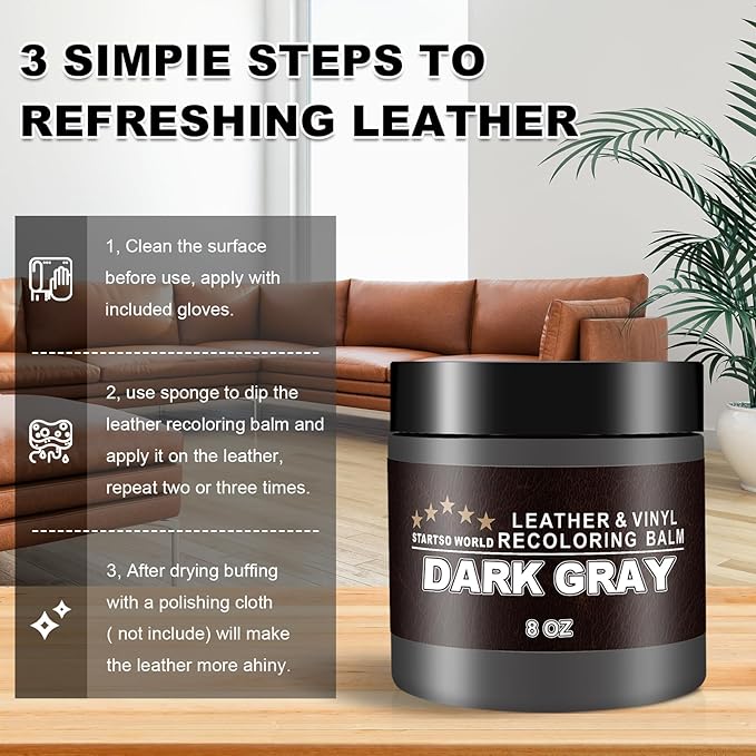 STARTSO WORLD Leather Recoloring Balm, Dark Gray Leather Repair Kit for Furniture, Leather Dye, Leather Color Restorer for Couches, Leather Couch Paint | Repair, Restore & Renew Old, Faded Leather
