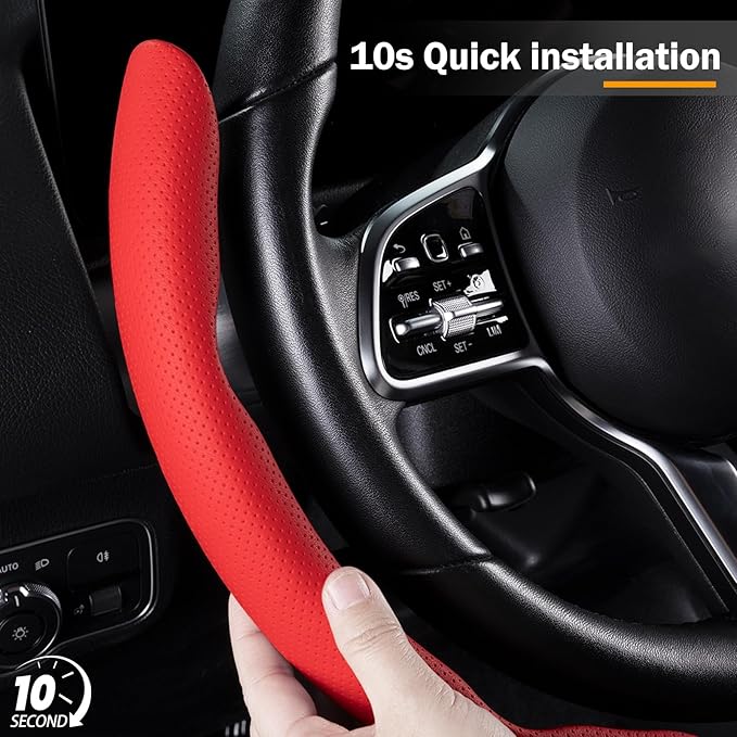 Nappa Leather Car Steering Wheel Cover for Men Women, Ultra-Thin Non-Slip Breathable Microfibre, Universal for 14.5"-15" Steering Wheel - Red