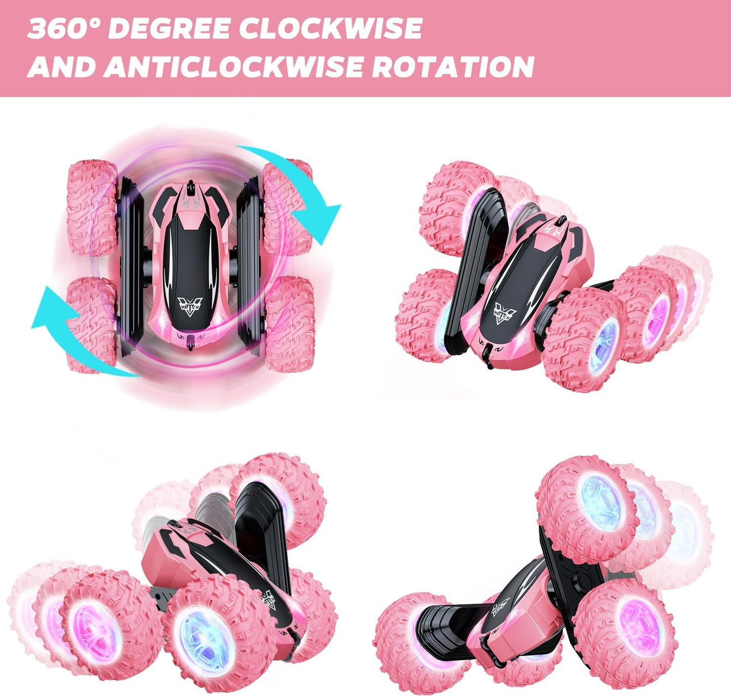 Remote Control Car, 2.4GHz RC Stunt Car, Double Sided 360° Rotating RC Cars with LED Headlight & LED Wheel, High Speed Off Road RC Crawler Xmas Gift for 3 4 5 6 7 8-12 Year Old Girls Toys (Pink)