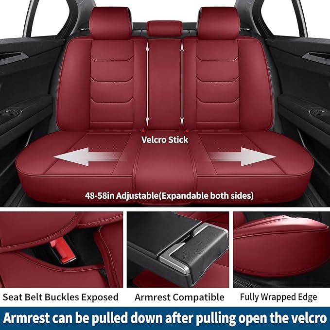 Leather Car Seat Covers Full Set Breathable Automotive Seat Covers Waterproof Seat Protectors Universal Fit for Most Automotive Cars SUV Trucks(Red, Full Set)