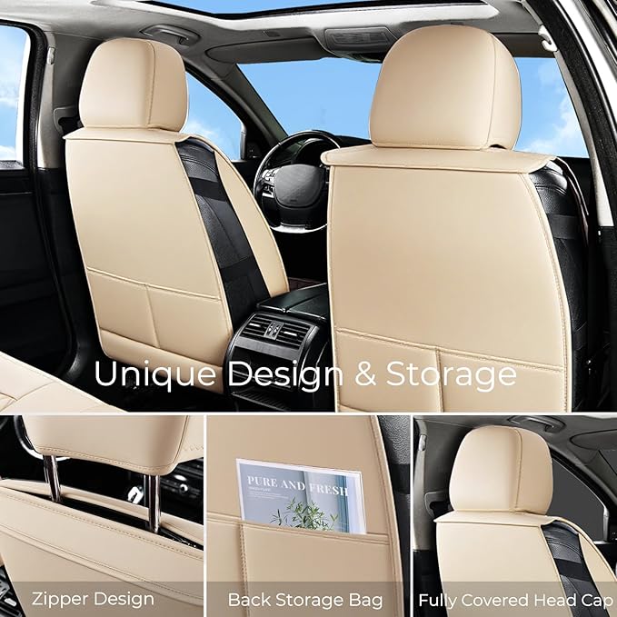 Huidasource Beige Seat Covers Full Set, Nappa Leather Seat Cover Hollow Design Airbag Pops, Front ＆ Back Seat, 5 Layers Seat Covers for Most Cars, Vans, Trucks, SUVs Universal Fit (Full Set/Beige)