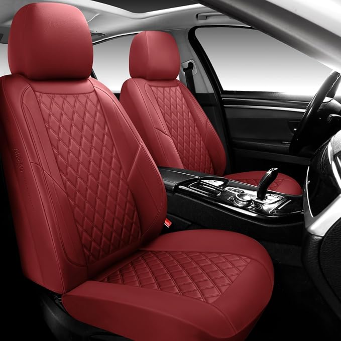 Premium Leather Car Seat Covers Front Pair,Universal Fit for Cars,Trucks&SUVs,Waterproof Car Seat Cushion,Full Coverage Car Seat Protector with 2 Seats,Wine Red