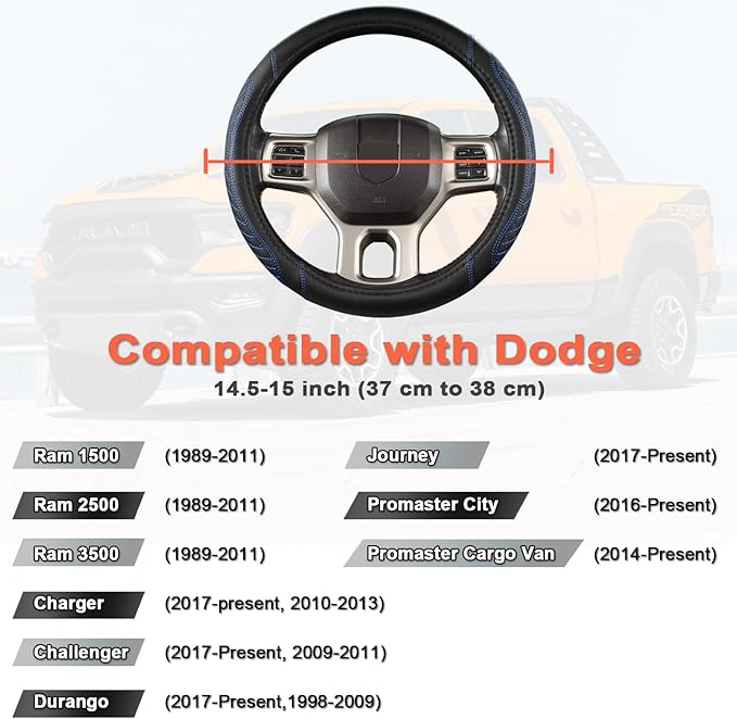 West Llama Customized Auto Car Steering Wheel Cover for Dodge 1989-2011 RAM 1500 2500 3500, Charger, Durango, Challenger (Diamond Quilted-Black+Blue-Standard Size)