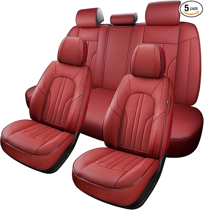 Red Car Seat Covers,Leather Car Seat Cover, Waterproof Seat Covers Full Set, Fit RAV4 Accord Altima Rogue CX5 CRV Wine Red