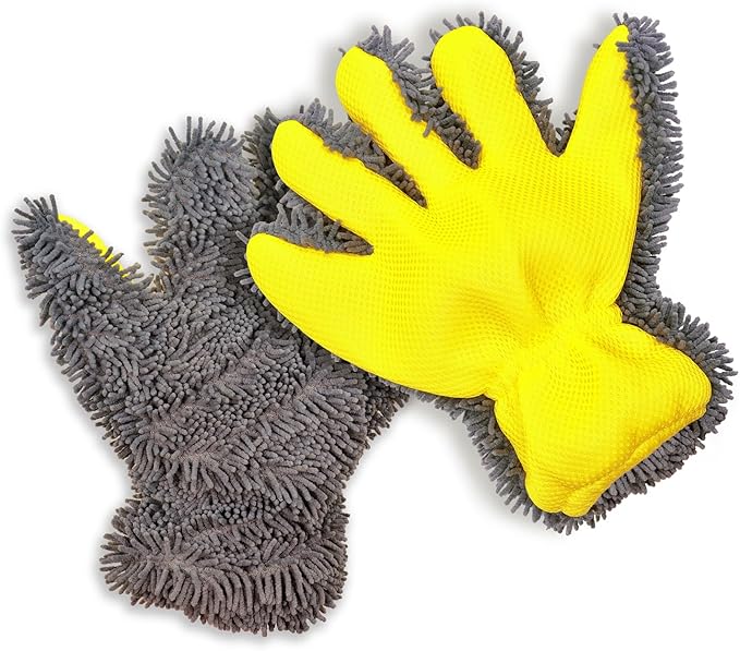 QMX Car Wash Mitt,Microfiber Scratch Free Auto Detailing Supplies for Cleaning, Washing Dusting,Thickened 5-Finger Design for Tight Spaces,Breathable Quick-Dry 2-Pack Yellow