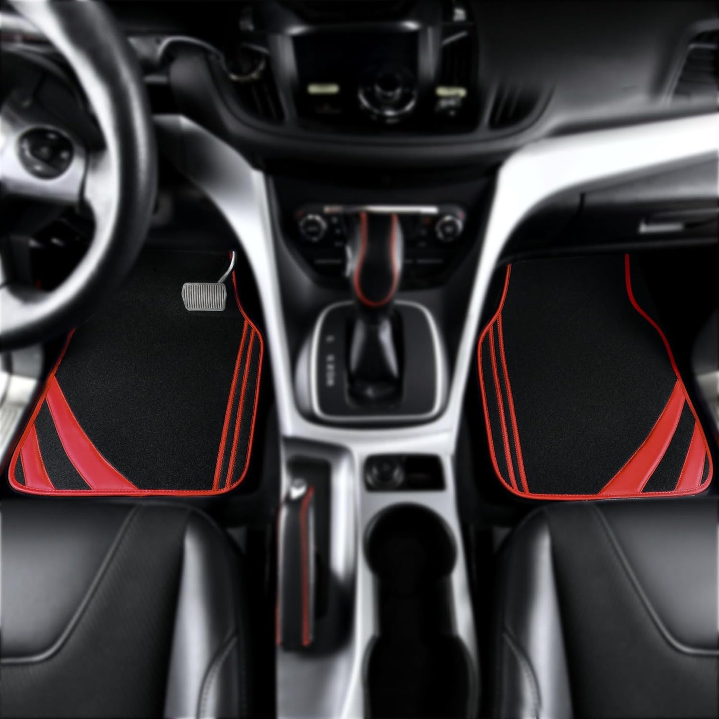 CAR PASS Red Edge Leather Car Floor Mats, Universal Waterproof Car Mats with Double Stitch Line and Anti-Slip Backing Design, for Cute Girly Women, Fit 95% Automotive,SUVs,Sedan,Vans (Black and Red)