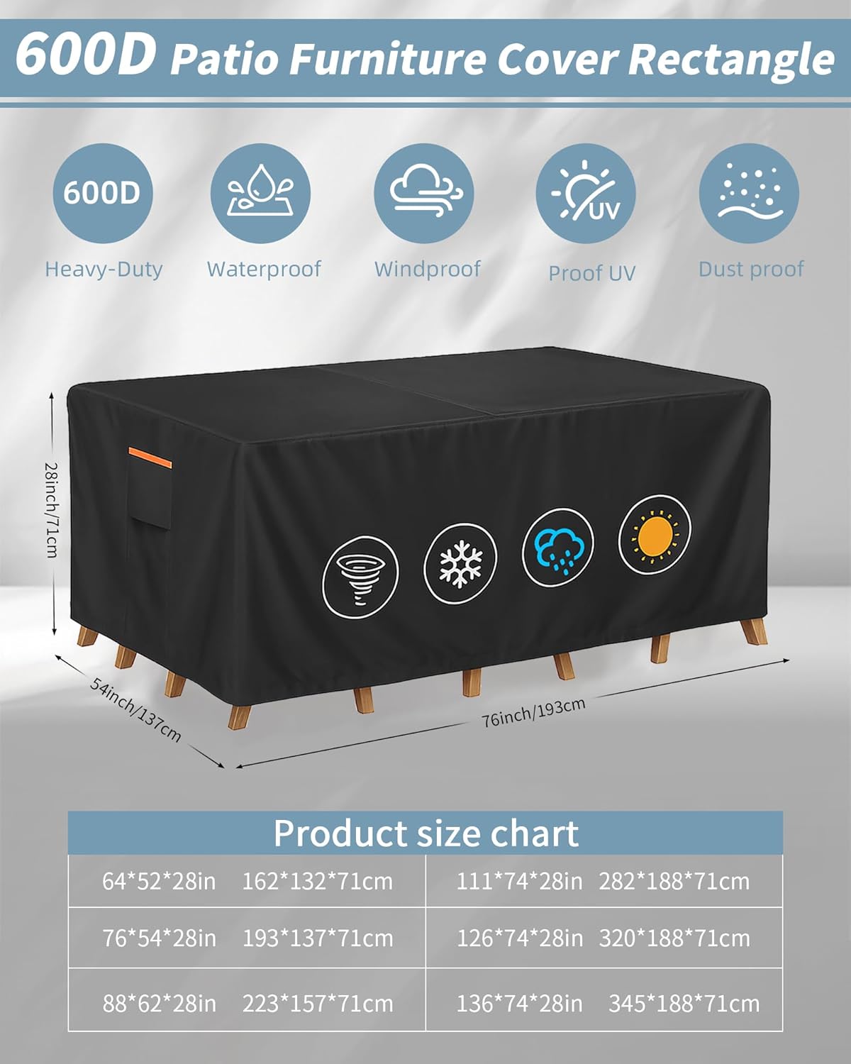 Outdoor Waterproof Furniture Cover, 76W x 54L x 28H inches Heavy Duty 600D Rectangular Table and Chair Set Protection, Black