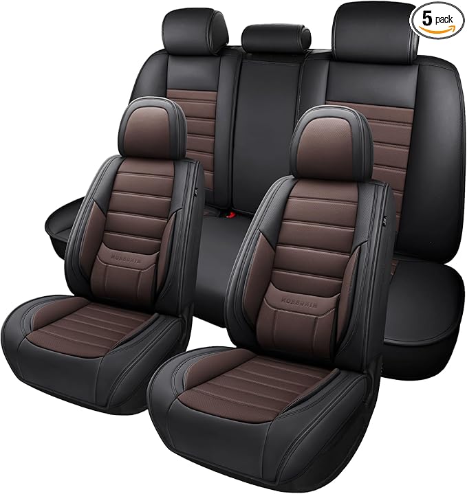Car Seat Covers Full Set, Brown Car Seat Cover Lumbar Support, Car Seat Protector Waterproof, Nappa Leather Car Seat Cushion, Front Seats and Back Fit for Most Cars