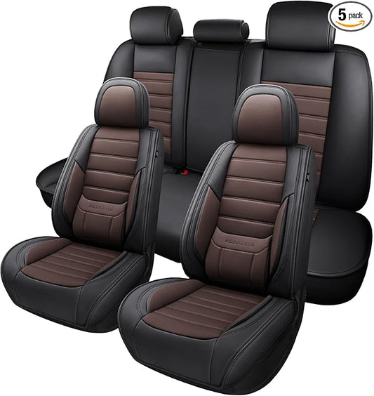 Car Seat Covers Full Set, Brown Car Seat Cover Lumbar Support, Car Seat Protector Waterproof, Nappa Leather Car Seat Cushion, Front Seats and Back Fit for Most Cars