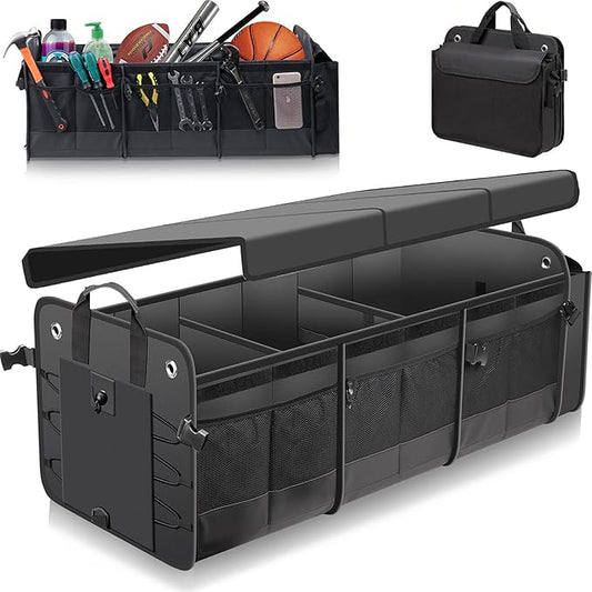 Large Trunk Organizer with Removable Cooler Bag-Collapsible Multi Compartments w/Foldable Cover, Non Slip Bottom Cargo Storage Suitable for Any Car, SUV, Truck, or Van(3 compartments,Black)