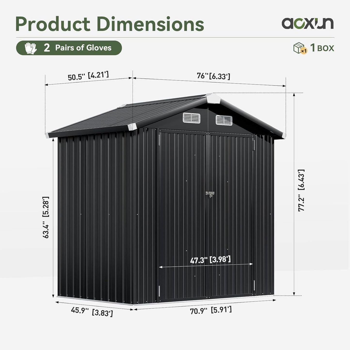 Aoxun 6'x4' Outdoor Storage Shed with Base Galvanized Steel Metal Garden Shed for Patio, Lawn & Garden Black, 6' x 4'W/Base