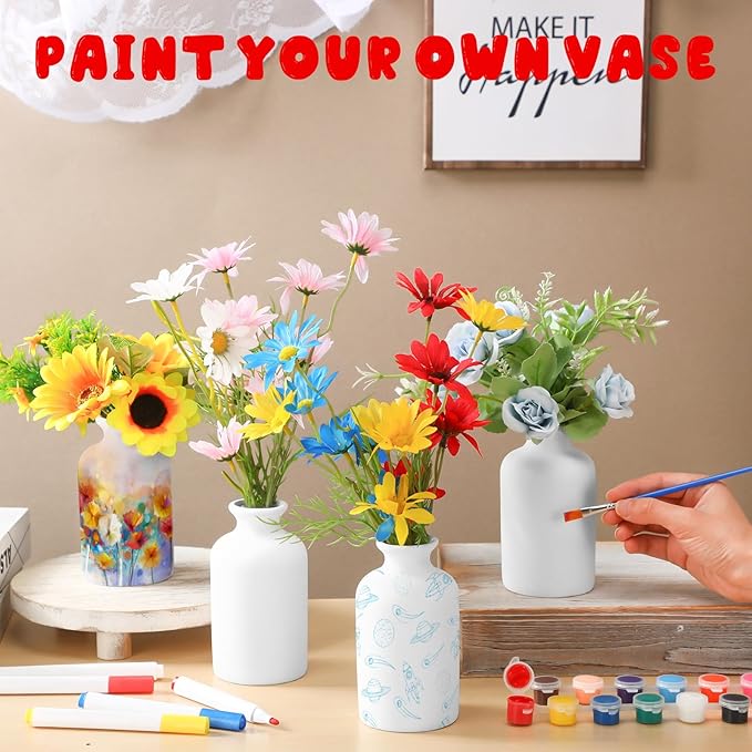 4 Set Paint Your Own Porcelain Paint Vase Art Project White Ceramic Painting Kit for Adults Porcelain Vase Decorating Kit with Christmas Holiday Supplies DIY(Classic)