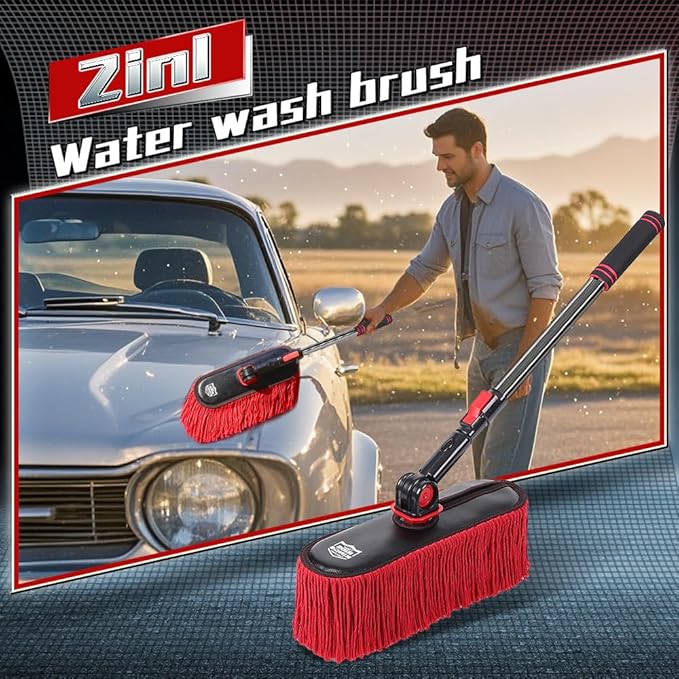 2In1 Brush And Duster For Car Exterior,Chenille Car Wash Brush Mop*1PC,Wax Cotton Car Duster Mop*1PC Remove Dust,Freely Switch A Retractable Black Steel Pole,Car Cleaning Supplies For Truck Rv Boat