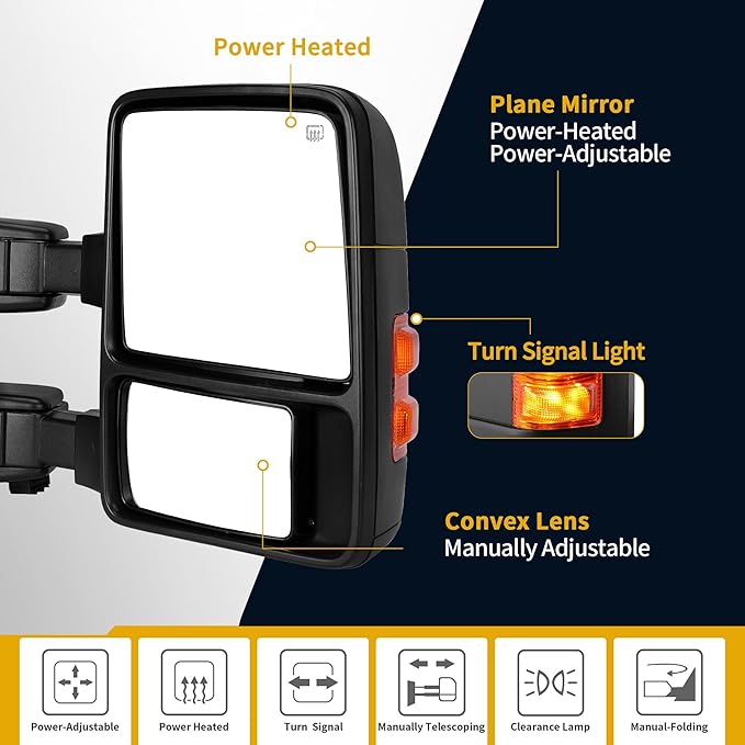 DWVO Side Towing Mirrors Compatible with 2008-2016 Ford F250 F350 F450 F550 Super Duty, Right Passenger Mirror with Power Heated Manual Folding Turn Signal Black