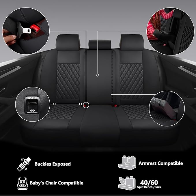 Premium Leather Car Seat Covers Full Set,Universal Fit for Cars,Trucks&SUVs,Waterproof Car Seat Cushion,Full Coverage Car Seat Protector with 5 Seats,Black