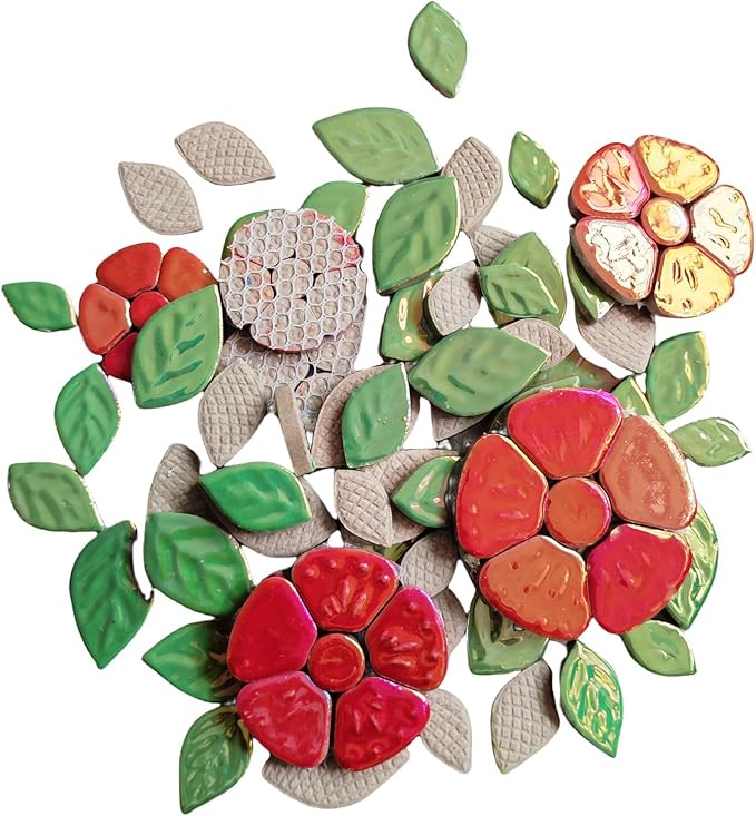 1.1LB Iridescent Leaves Ceramics Mosaic Tiles,Making Creative 3 Size Ceramic Mosaic Pieces for DIY Craft,Flowerpots,Vases,Cups,Garden Decor Mosaic Making Supplies (Red Flowers + Green Leaves)