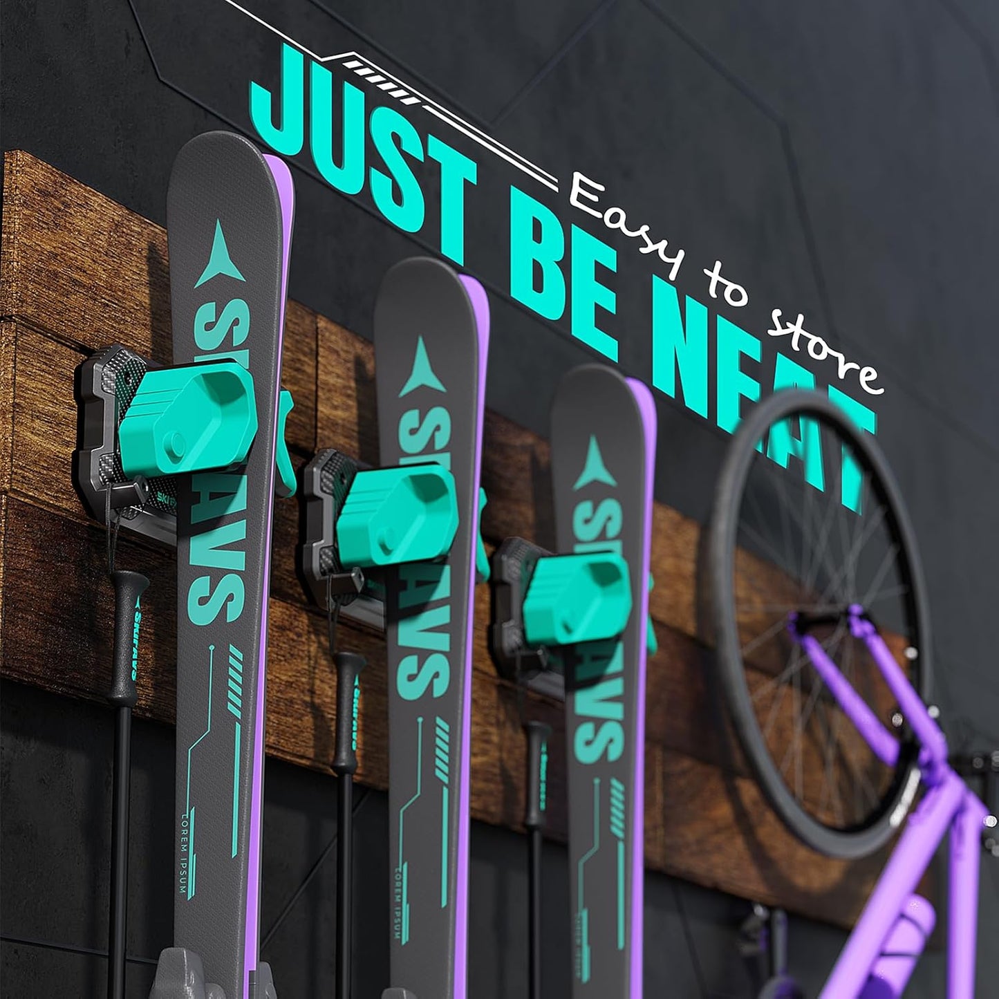 Ski & Snowboard Wall Rack for Garage Wall Fits Any Ski/board, Ski Wall Mount Holders Damage-Free Storage Rack, Garage Organization Space-Saving Winter Gear Organizer, Green, 4 Pack