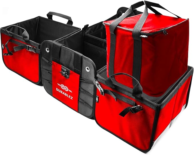 XXL+Cooler Car Trunk Organizer for SUV - Trunk Storage - Modular Configurable Detachable Collapsible - Minivan Truck Sedan Van, Red