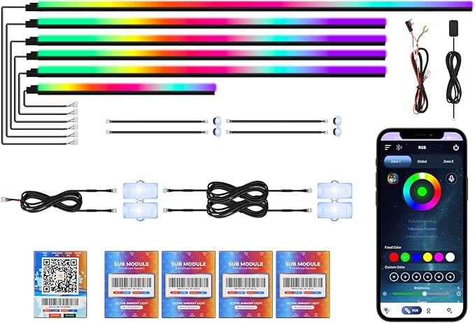 New Version Acrylic Car Dreamcolor Ambient Lighting Kit 14 in 1 LED Interior Car Strip Lights APP Control Zoned Control System 252 Color Modes DIY Neon Wireless Sound Activated RGB Light Bar