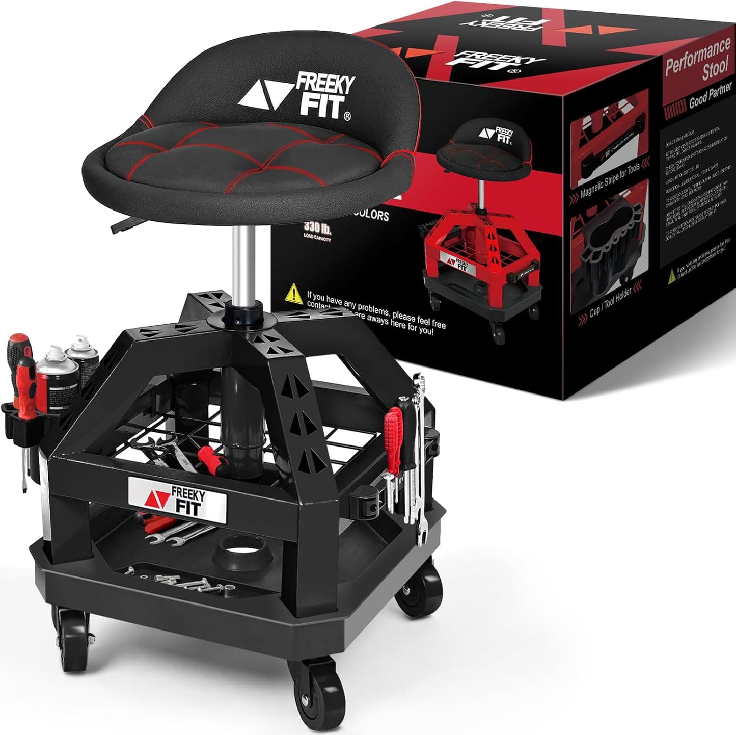 Rolling Shop Stool for Garage with Casters, DO02-Adjustable Height 360° Swivel Shop Seat with Tool Tray Storage, 330 LBS Capacity Padded Mechanic Stool, Magnetic Tool Hold, Heavy Duty, Black