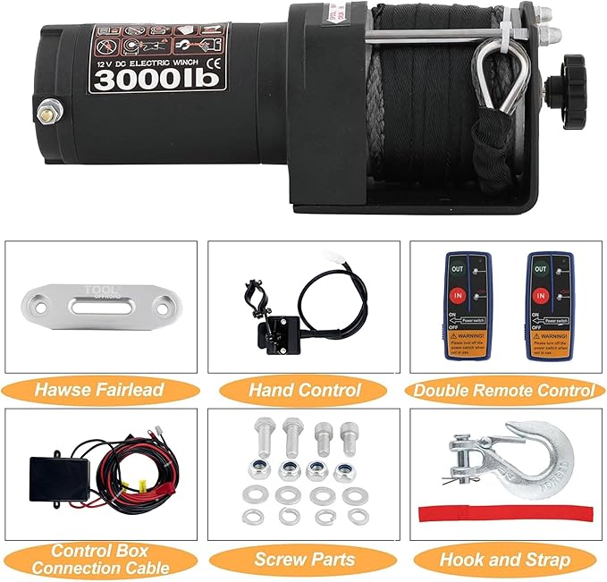 3000LBS Electric Winchs Synthetic Rope Electric Winch 12V for Towing ATV/UTV Off Road with Mounting Bracket Wireless Remote, Black