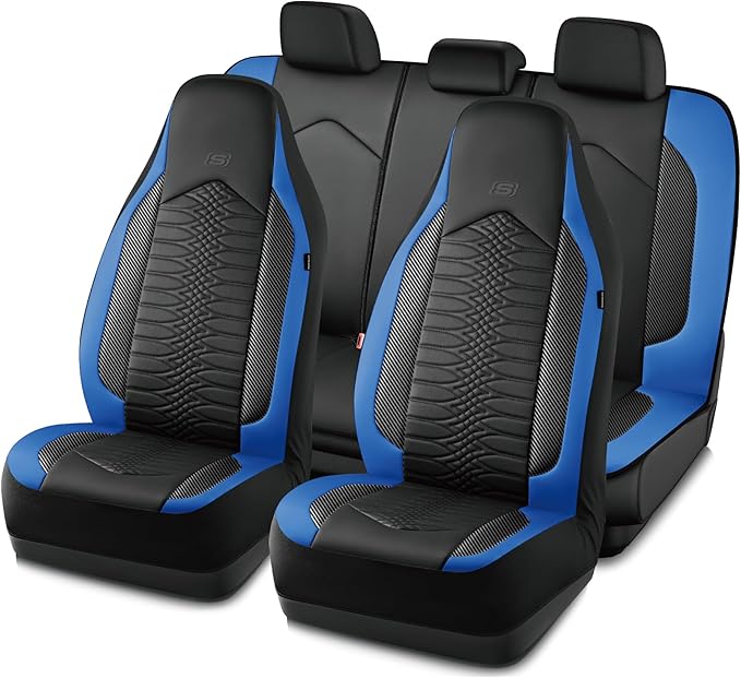 Skechers Memory Foam Car Seat Covers, Leather High Back Seat Covers Quilting Design,Waterproof Sports Car Seat Covers Full Sets,Airbag Compatible, Universal Fit for Most Cars, SUVs,Trucks,Blue