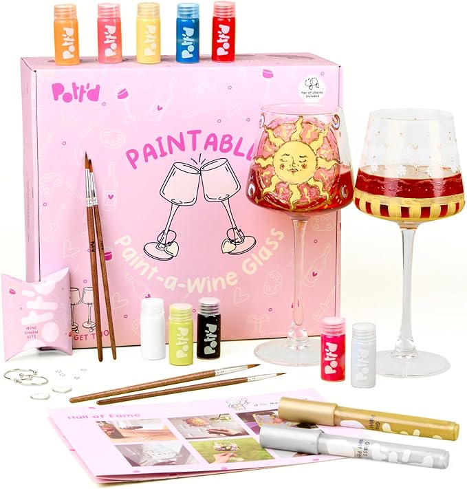 Pott’d Paintables Paint-a-Wine Glass Kit – DIY Glass Painting Kit for Adults with Wine Glasses, Enamel Paints, Brushes, Pens and Charms, Craft Kit for Adults, Perfect for Beginners