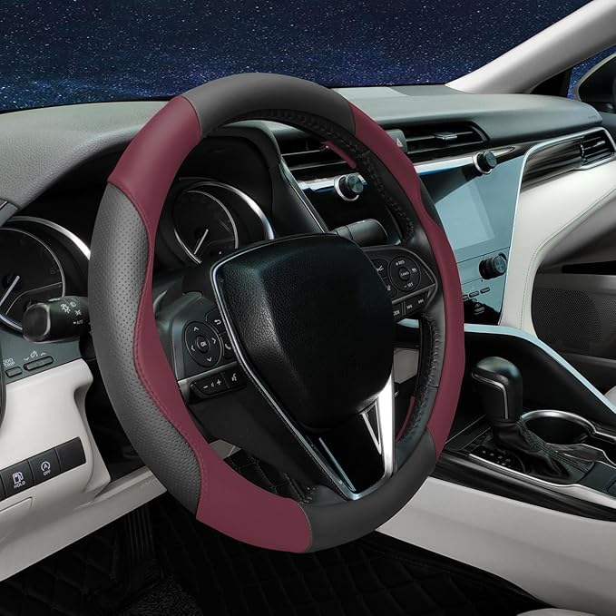 Steering Wheel Cover Universal Standard Size 14.5-15 inch, Breathable Microfiber Leather, Anti-Slip, Soft Grip, Sporty Design, Fits for Cars SUVs Trucks, Black and Burgundy
