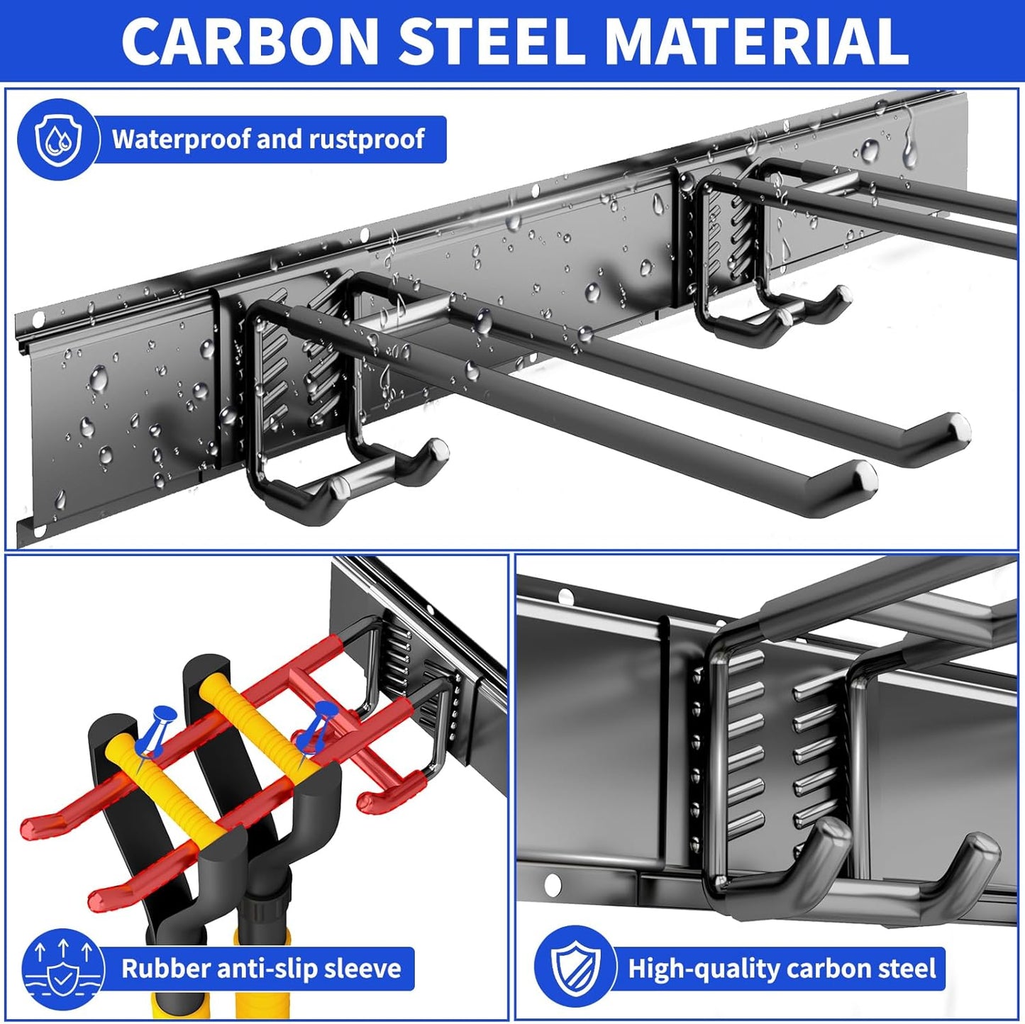 Garage Organization Tool Organizer Wall Mount, 48inch Heavy Duty Garden Tool organizer Storage System, Easy Install With 6 Adjustable Bilayer Hooks, For Garage, Basement, Shed, Workshop(Black)
