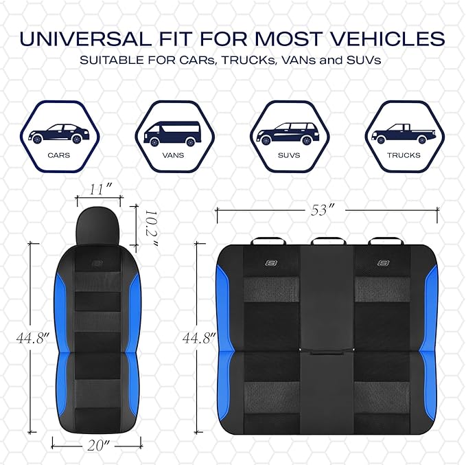 Skechers Aircooled & Memory Foam Seat Covers,Premium Leather with EVA Mesh Car Seat Covers,Seat Cover Full Sets,Airbag Compatible Automotive Comfort for Most Cars, Vans, Trucks, SUV,Blue