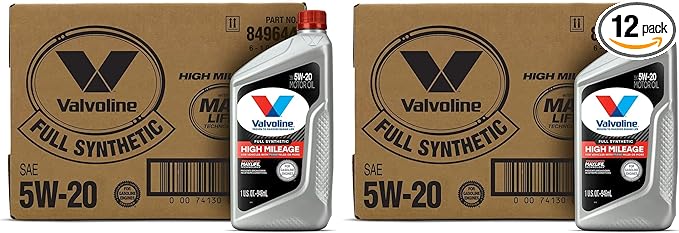 Valvoline Full Synthetic High Mileage with MaxLife Technology SAE 5W-20 Motor Oil 1 QT, Case of 6 (Pack of 2)