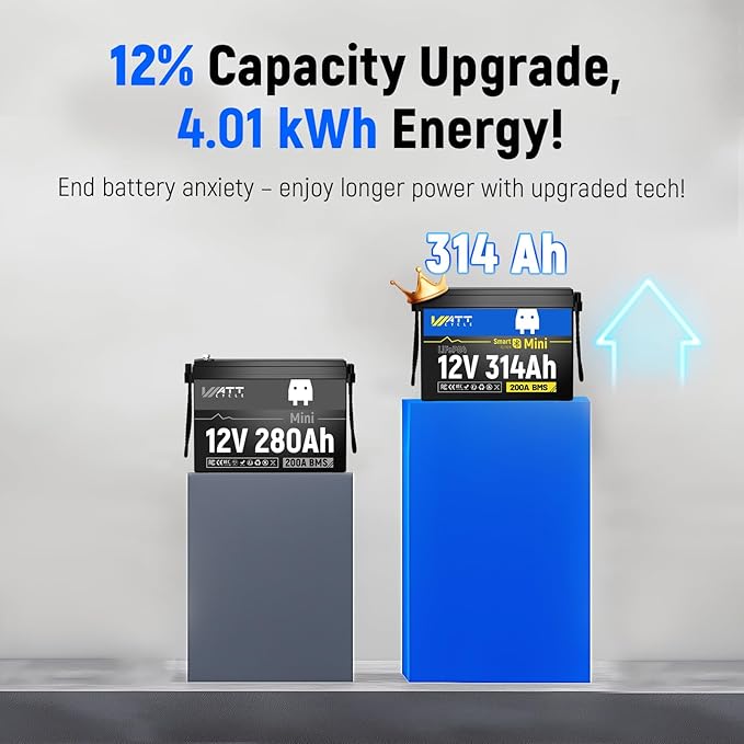 12V 314Ah Lithium LiFePO4 Battery Mini with Bluetooth 5.0 BMS 200A, 4.01kWh Energy, Upgraded Aluminum Cooling Fins & Braided Copper Wires, upporting devices over 2000W (2 PACK)