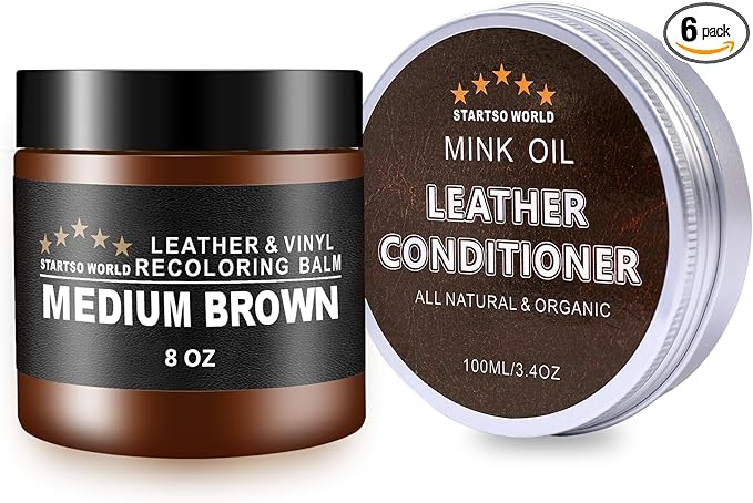 STARTSO WORLD Mink Oil Leather Recoloring Balm & Conditioner - Medium Brown Dye Kit for Couch, Car Seat, Shoe & Vinyl Repair
